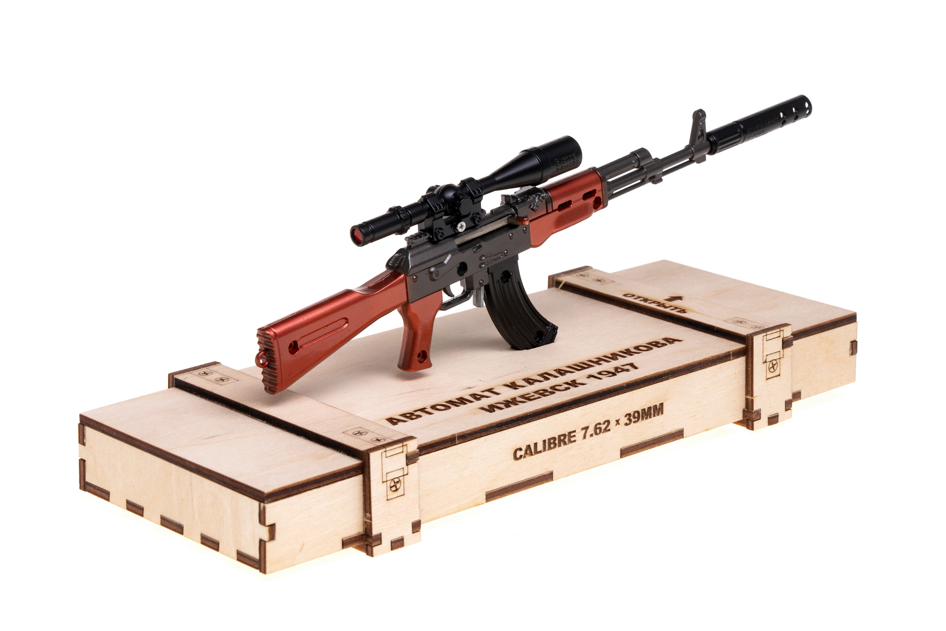 Сувенирное оружие макет Автомата Калашников АК-47 в ящике, 30 см (дерево)